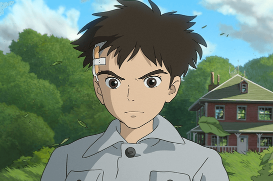 An anime boy looks forwards - he has a bandage on the side of his head, and is in front of trees and a house.