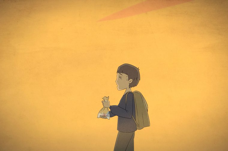 Hand drawn artwork showing a young person in profile, holding what appears to be a small bundled cloth or bag, set against a warm, golden-orange sky. The character is wearing a backpack and simple clothing.