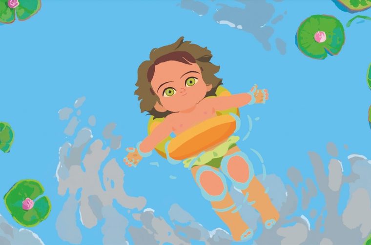 Animated hand-drawn image of a joyful child floating in water, wearing a bright orange and yellow inflatable swim ring. The scene is viewed from above, revealing lily pads with pink lotus flowers scattered across the blue water's surface. The art style has a charming, animated quality with soft colors and a playful energy.