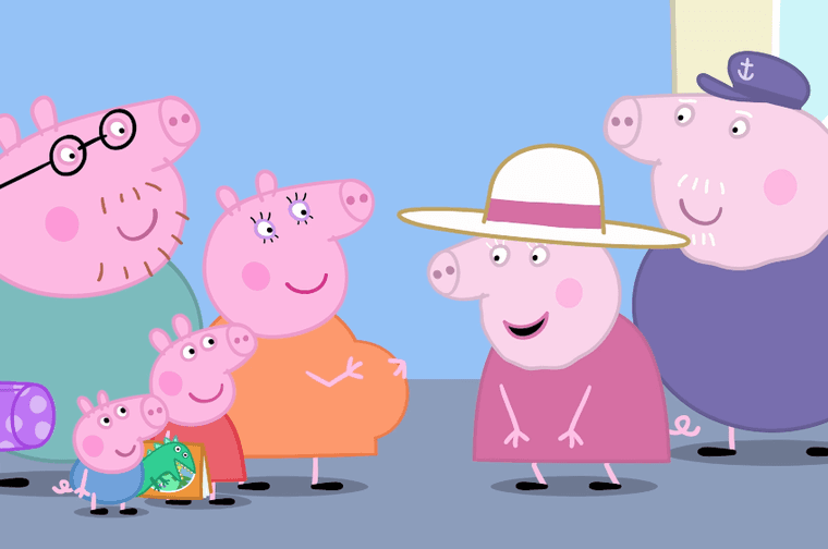 Animated image of the Peppa Pig family. Mummy Pig is clearly pregnant, and Granny Pig bends down to look at her bump whilst the rest of the family watch.