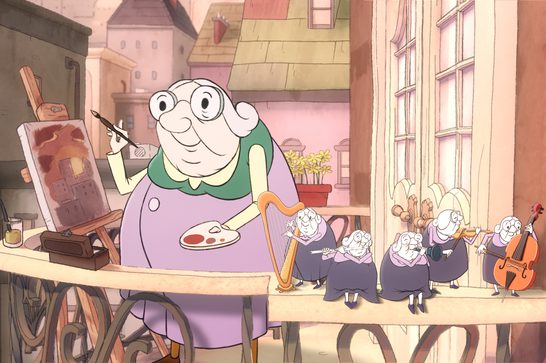 A charming illustration depicting a warm, whimsical scene of an elderly woman artist in her studio, shown in a lovely pastel color palette. She's wearing glasses and a green collar over a purple dress, holding both a paintbrush and a painter's palette as she works at her easel. There is also a miniature orchestra of tiny musicians sitting on her table in the foreground. These little figures are dressed formally and playing various classical instruments including what appears to be a harp, string instruments, and a cello. They seem to be providing musical accompaniment while she paints, creating a magical, fantastical atmosphere.