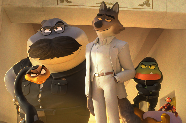 Cartoon of reformed criminals Mr. Wolf, Mr. Snake, Mr. Piranha, Mr. Shark and Ms. Tarantula.