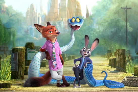 We see a collection of cartoon animals in a staged pose - a fox in a tie and pink shirt with a sly grin on his face, a large blue snake with a huge smile on its face and a cheery bunny rabbit wearing human clothes. They all stare at the camera smiling and are standing on the edge of what looks like a wooden dock, with a pile or rope on the right hand side of the image.