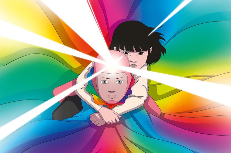 An animated image of a young Asian girl holding onto the back of a superhero character who is wearing a red suit. A multi-coloured cape billows around them as they head directly towards the viewer, with bright beams of light emanating from the superhero's head.