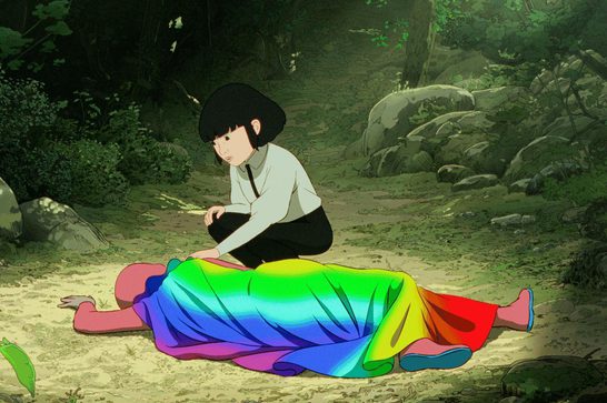 A bright animated image showing a young girl with short black hair crouched down in a forest glade, her left hand resting on a body lying on the floor. The body is covered with a very bright multicoloured cape and the person beneath it appears to be covered in a red body suit.