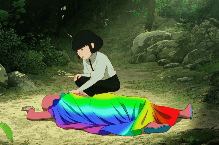 A bright animated image showing a young girl with short black hair crouched down in a forest glade, her left hand resting on a body lying on the floor. The body is covered with a very bright multicoloured cape and the person beneath it appears to be covered in a red body suit.