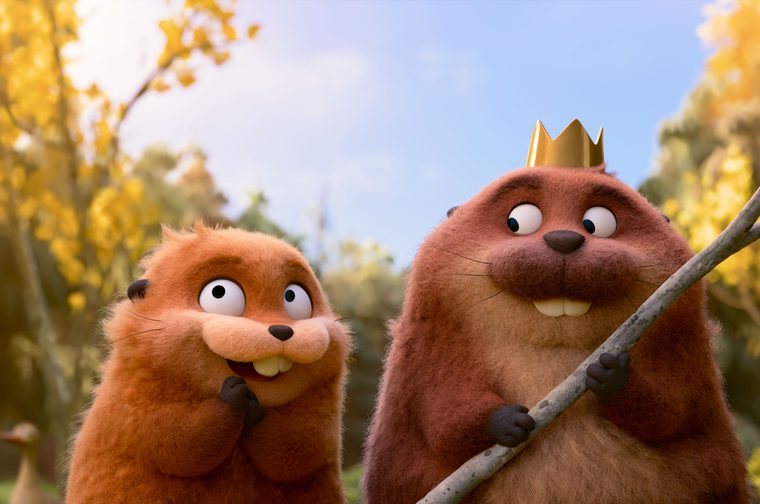 The two characters in the image are the beaver protagonists: the smaller, enthusiastic one on the left is Mabel and the larger one wearing a tiny golden crown and holding a branch is King George, the charismatic beaver leader of the pond.