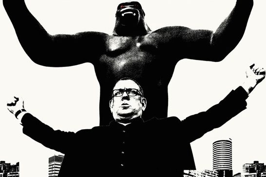 A high-contrast black-and-white poster-style illustration. A fiftysomething man in glasses and a dark suit stands in the foreground with both arms raised triumphantly, silhouetted against a stylized city skyline of towers and apartment blocks. Behind and above him looms a giant gorilla, also with its arms raised in the same pose, its posture mirroring the man's. The gorilla's eyes glow red, the only spot of color in the otherwise monochrome image.
