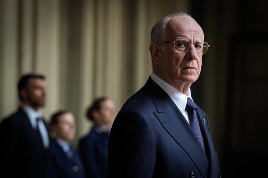 The image shows an elderly man in a dark navy double-breasted suit with a patterned tie and gold-framed glasses. He has a stern, serious expression and silver hair. He looks at the viewer and we also see three blurred figures in the background.