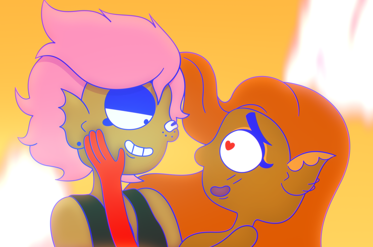 Two cartoon alien characters with pointed ears share a tender moment against a warm orange and yellow glowing background. The character on the left has pink hair, dark brown skin, large blue eyes, freckles, and wears a dark striped top with a red accessory. They're grinning broadly while the other character cups their face. The character on the right has orange hair, lighter brown skin, and large white eyes — one featuring a small red heart pupil — and wears an orange outfit. Both characters have a stylized, vibrant cartoon art style.