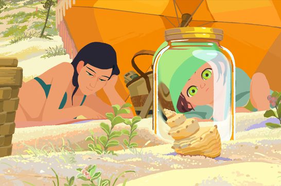An animated image showing a young woman in a bikini lying on a beach next to an orange umbrella. She is reading a book. We can also see a glass jar, through which a small child with bright green eyes and a green hat peers. There is also some kind of beach mollusc sat in front of the jar.