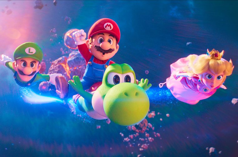 This is a vibrant piece of animated CGI art featuring four iconic Nintendo characters soaring through space. We see Luigi — in his signature green cap and outfit, wide-eyed and arms outstretched as he flies through the air - and we see Mario centre-back, in his classic red cap, blue overalls and red shirt, fist raised triumphantly. Yoshi the green dinosaur is front and centre, with his characteristic big round belly and wide, expressive eyes. On the right is Princess Peach, in her pink dress and golden crown, gliding gracefully with a wand in her right hand.