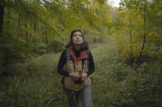 A woman in her forties with long dark hair stands on a forest trail in autumn, looking upward with a contemplative expression. She wears a tan puffer vest over a black long-sleeve top, grey trousers, and carries a backpack with binoculars around her neck. She holds a fallen leaf in her hands. Tall trees with yellow-green foliage surround her, and lush undergrowth lines the path behind her.
