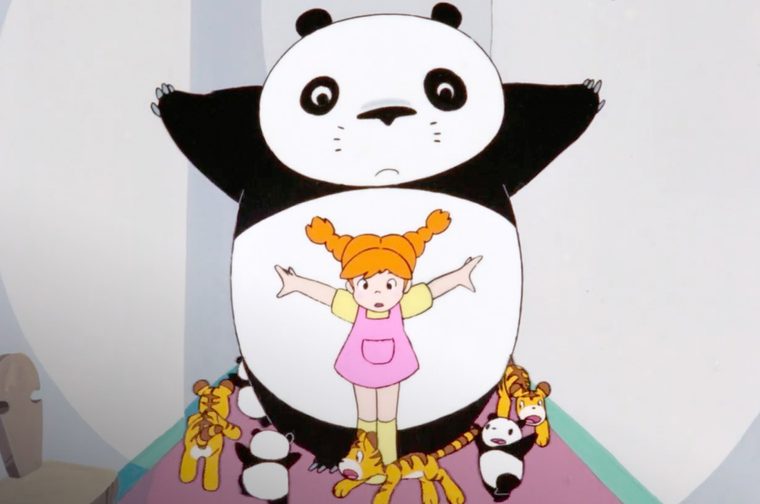 We see a small girl with orange pigtails wearing a pink dress and yellow shirt, standing with her arms outstretched against the large round white belly of a giant panda who stands behind her with arms spread wide. Several small tiger cubs and baby pandas are gathered around their feet on a pink floor. The art style is classic hand-drawn anime.