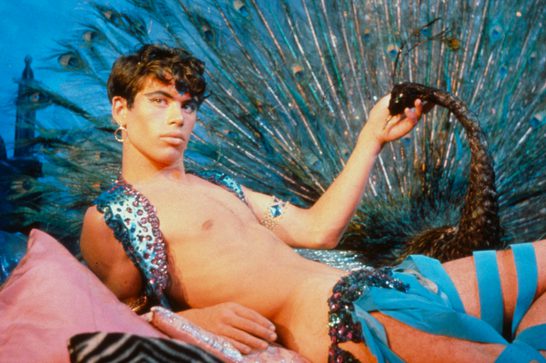 A young white man reclines against pink cushions, shirtless and wearing a jeweled, sequined costume with blue and pink embellishments. He holds a snake aloft in one hand while a large, fan-like peacock feather display spreads behind him in shimmering teal and gold. The scene has a theatrical, fantastical quality with rich, saturated colors.