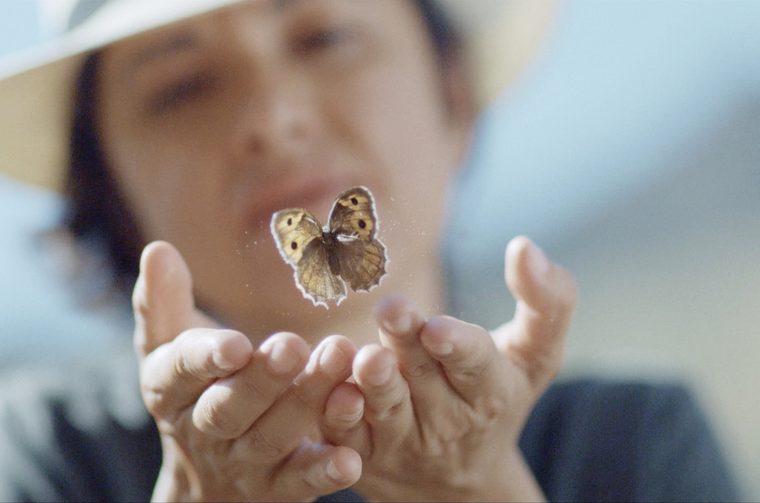 A woman wearing a wide-brimmed hat holds their cupped hands open as a small brown butterfly hovers just above them, appearing to float or take flight. The butterfly is in sharp focus while the person's face is softly blurred in the background. The overall tone is calm and ethereal, with a pale blue-grey background.