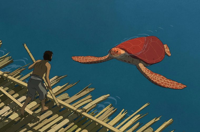 An illustration in the hand-painted animation style. A shirtless, bearded man stands on a raft made of lashed bamboo poles, gazing out at a large red sea turtle swimming beside him in deep blue water. The turtle, with mottled orange-and-cream patterned flippers, glides just below the surface facing the man.