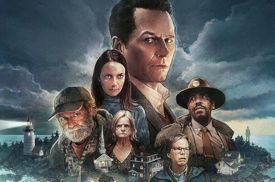 A poster for the mystery/thriller series Widow's Bay, illustrated in a moody painted style. A large central portrait of a stern man in a dark coat looms above an ensemble cast of smaller character portraits — including a woman with dark hair, an older woman, a young man in glasses, a bearded man in a cap, and a man in a wide-brimmed sheriff's hat with a badge. Below them, a small coastal town with a lighthouse, church steeple, and houses sits along a rocky shoreline, set against a stormy, cloud-filled sky. A lone silhouetted figure stands on the water in the distance.