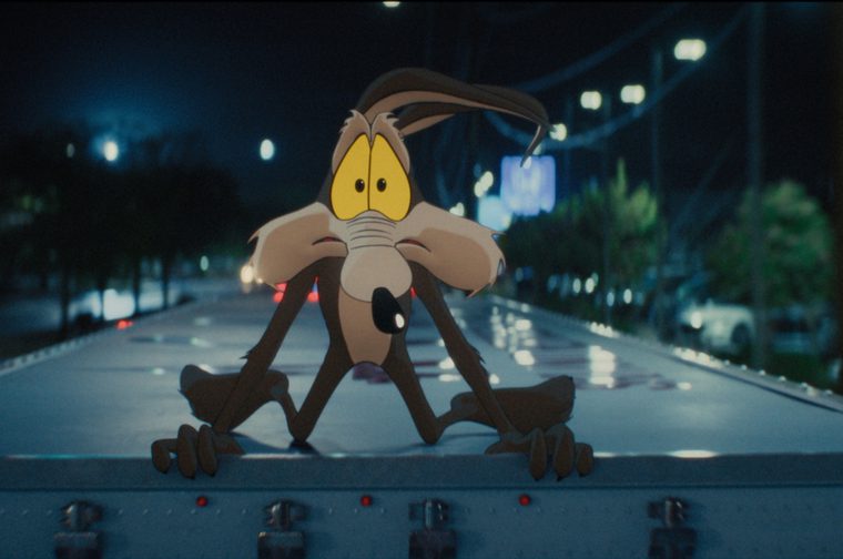 Wile E. Coyote, rendered in classic 2D cartoon style with large yellow eyes, crouches on the back of a truck at night, peering forward against a blurred urban street background with lights and trees.