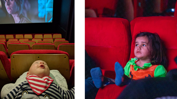 Two images. On the left a baby in a cinema smiling, on the right a young girl in a cinema watching a film
