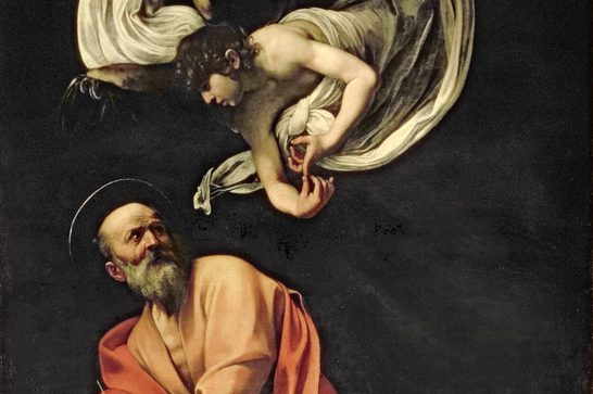 A Baroque painting from the 17th century, showing a dramatic religious scene. The composition features an elderly, bearded figure with a halo (indicating sainthood) in the lower portion, rendered in warm earth tones of orange and brown. Above him, an angel figure in flowing white drapery appears to be descending or in motion against a dark background. The painting demonstrates classic Baroque characteristics: dramatic chiaroscuro (the stark contrast between light and dark), dynamic movement suggested by the flowing fabrics and positioning of the figures, and the theatrical, emotionally charged composition. The use of tenebrism - where figures emerge from deep shadows into dramatic light - is particularly evident here.