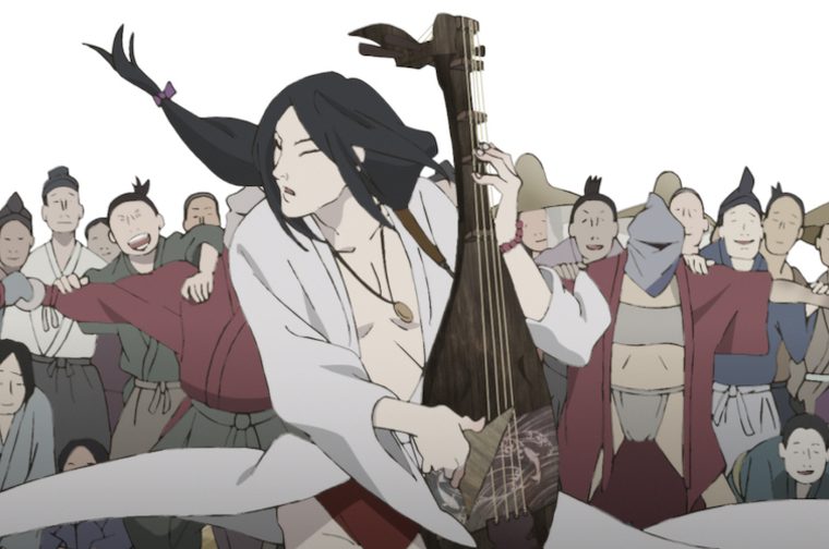 A scene from the animated film 'Inu-Oh' showing a performer with long black hair wearing white robes, playing a traditional Japanese stringed instrument (likely a biwa) in the centre of the image. The musician appears to be in the middle of an energetic performance, with their hair flowing dramatically. They are surrounded by a large crowd of people in traditional Japanese clothing in muted colours - browns, greys, and earth tones. The crowd forms a circle around the performer, with many faces visible showing expressions of engagement and interest. The art style is characteristic of the film's distinctive animation, with simplified but expressive character designs set against a plain light background.