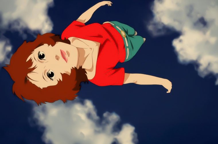 A scene from the animated film 'Paprika' showing a young woman with short reddish-brown hair falling or floating through a cloudy sky. She's wearing a bright red top and green skirt, with her arms outstretched as she moves through the air. The background features a dramatic sky filled with white and gray clouds against a deep blue backdrop. The character appears to be in mid-motion, captured in a dynamic pose that suggests either falling or flying. The art style is characteristic of director Satoshi Kon's distinctive animation, with vivid colours and dreamlike imagery typical of the film's surreal narrative.