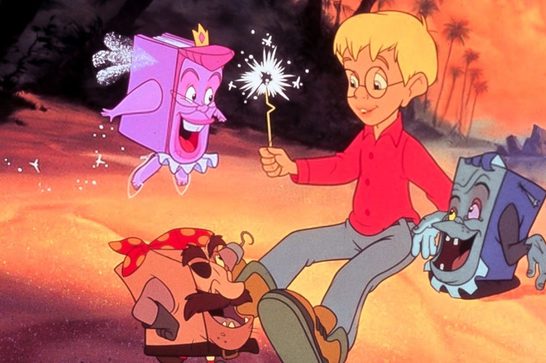 Animated image of a small blonde haired boy with glasses holding a magic wand. A flying pink book with glasses hovers next to him, whilst a pirate book sits by his feet and a Frankenstein book sits by his left hand.