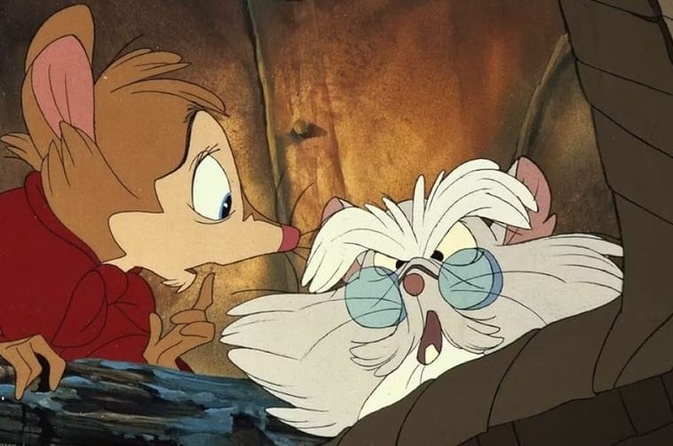 Two cartoon mice stand next to each other - the one on the left has brown fur and is wearing a red top, whilst the one on the right is white and grey, with spectacles and large bushy white eyebrows.