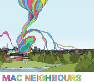 Illustration of Cannon Hill Park and MAC with swirling multicoloured shapes erupting from the arts centre and leading to nearby neighbourhoods