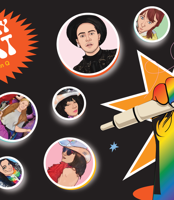 Text 'Queer My Throat by Generation Q' in the top left corner in an orange spiky circle. Artwork pictures of each artist in a circle against a black background. The artist's illustrations are: A person in a black shirt and black hat, a person with red hair and pink eyeshadow in a vibrant top, a person taking a selfie on a phone with brown long hair, a person in a wheelchair smiling with long blonde hair and their arms open, a person in a cowboy hat and sunglasses with a red feather boa, a person in a cowboy hat with black curly hair, a person with red short hair and blue eyes. On the right is a microphone being held in a hand with rainbow colours, with the text 'Make Some Noise' and an orange star in the background.