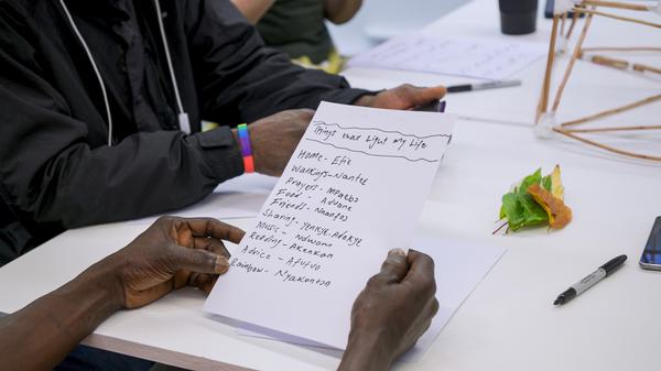Image shows a lantern-making workshop taking place at Midlands Arts Centre. In the centre of image is a pair of hands (belonging to a black person of colour) holding a sheet of paper with a list titled 'Things that light my life'.