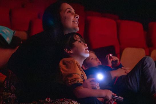 A young boy sat in a smiling woman's lap looking upward