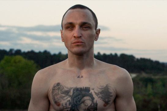 A shirtless Franz Rogowski stares just off camera, with lush green scenery and a largely cloudless sky in the background.