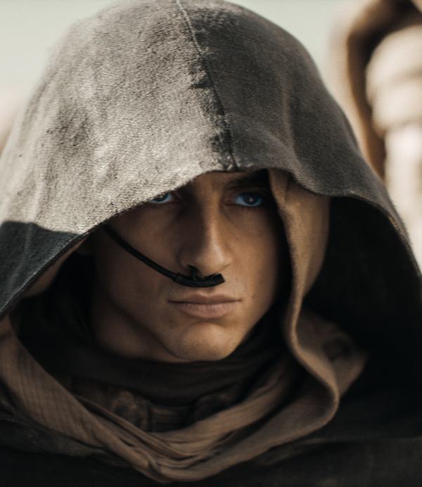 A young man (Timothee Chalamet) in a hood with piercing blue eyes stares off to the left. He has a small breathing apparatus under his nose.