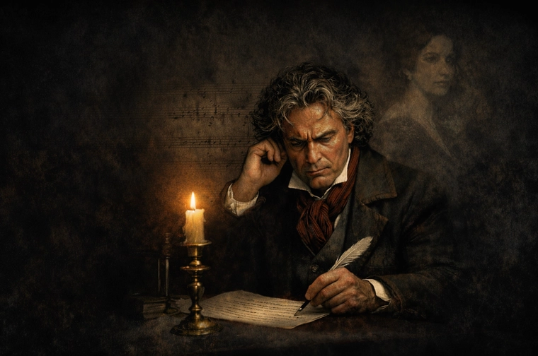 Beethoven deep in thought with a mystery woman dimly in the background looking over his shoulder