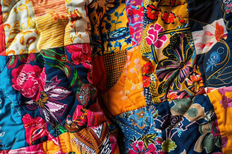 A range of bright, colourful and floral textile patches that have been sewn together