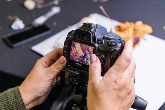 A hand is holding a black camera, with the background blurred. In the camera lens, there is a close up of plants.