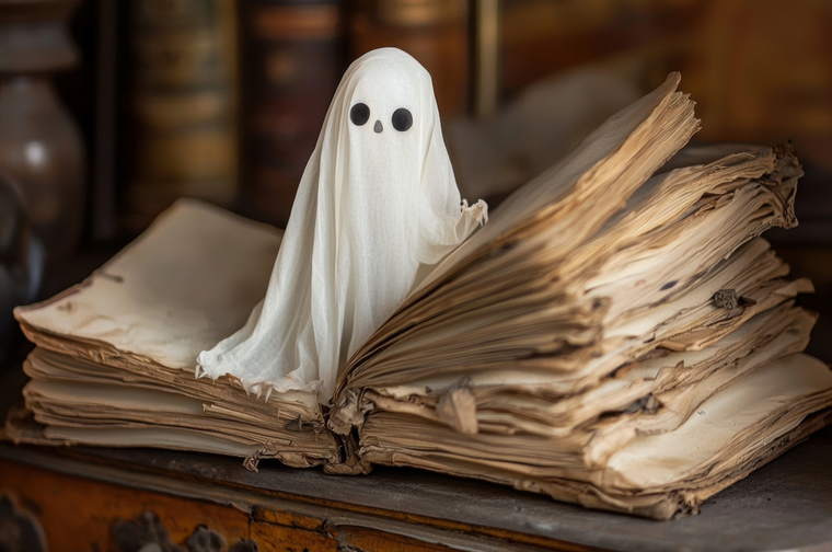 Ghost is emerging from the pages of an old book