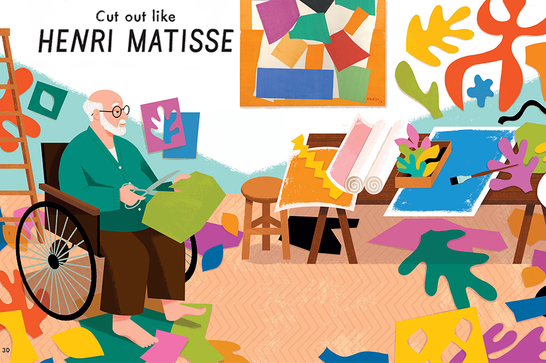 A colourful illustration of Matisse, cutting green paper