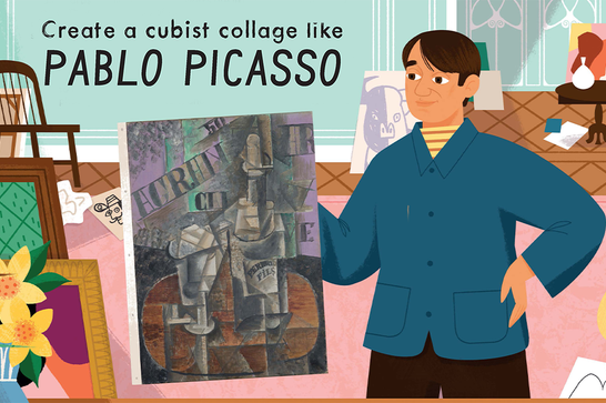 An illustration of Pablo Picasso with a painting