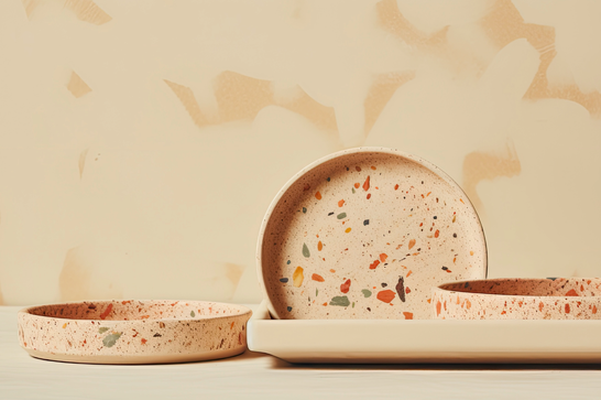Beige dishes with coloured clay flicks in them