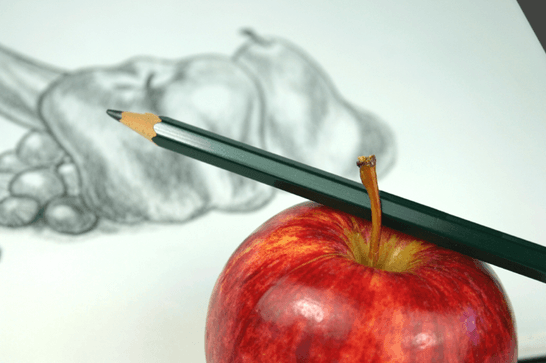 A pencil drawing of fruit is in the background, to the foreground there is an apple with a pencil resting on top of it