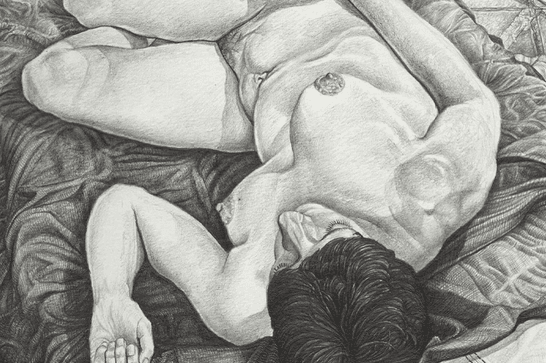 A nude body is drawing in pencil, lying back on fabric
