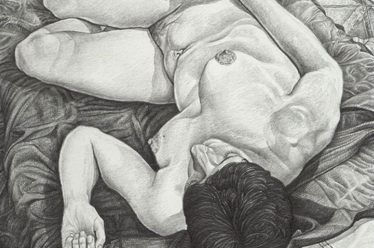A nude body is drawing in pencil, lying back on fabric