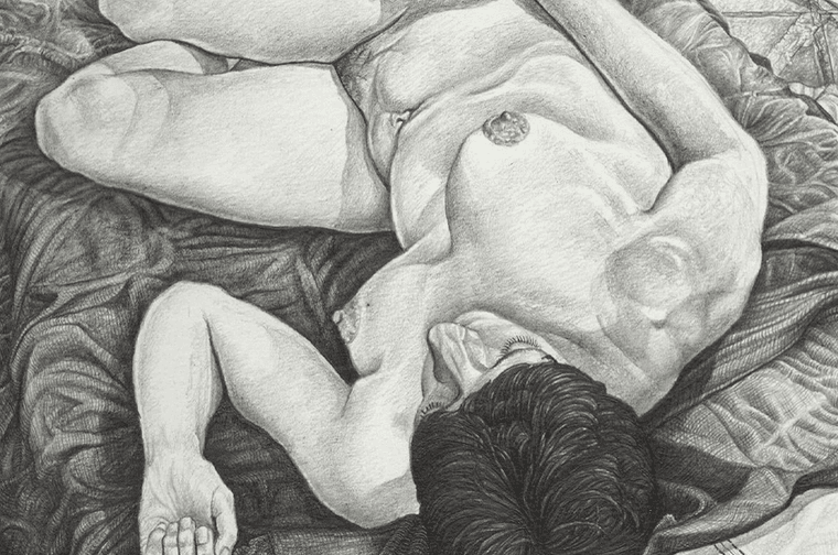 A nude body is drawing in pencil, lying back on fabric