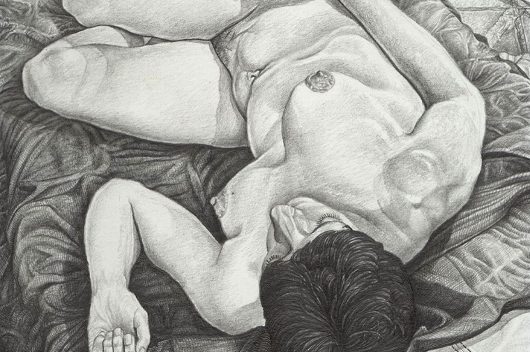 A nude body is drawing in pencil, lying back on fabric