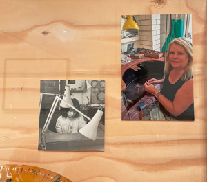 Two photos of woman, 40 years apart, making jewellery