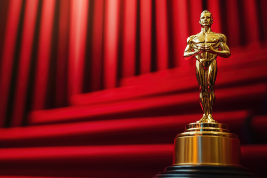 A golden statue, in front of a red curtain