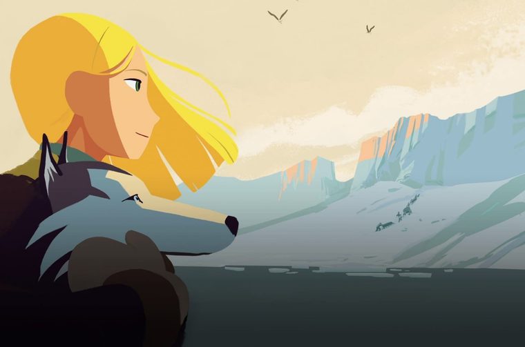An animated still showing a young blonde woman with windswept hair and green eyes gazing toward a vast, icy Arctic landscape, with a grey wolf beside her; birds…A animated still showing a young blonde woman with windswept hair and green eyes gazing toward a vast, icy Arctic landscape, with a grey wolf beside her; birds fly overhead and snow-covered mountains and distant figures stretch across the horizon.